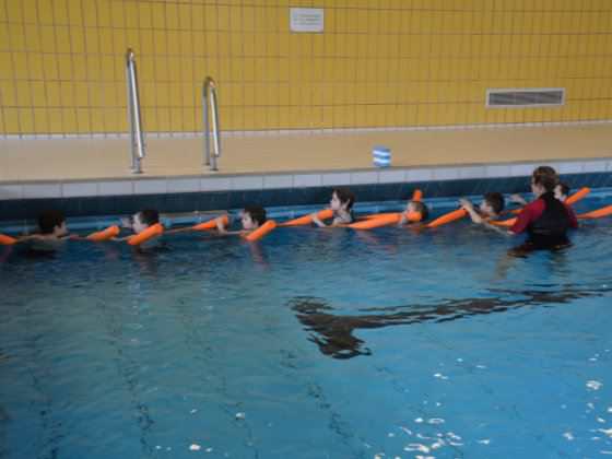 Kinder die am Beckenrand Beinarbeit üben